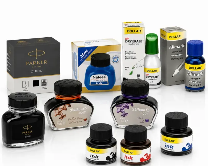 Inks collection — Parker Quink and Pelikan 4001 fountain pen ink bottles, Pelikan giant ink cartridges and Dollar and Piano marker refill bottles