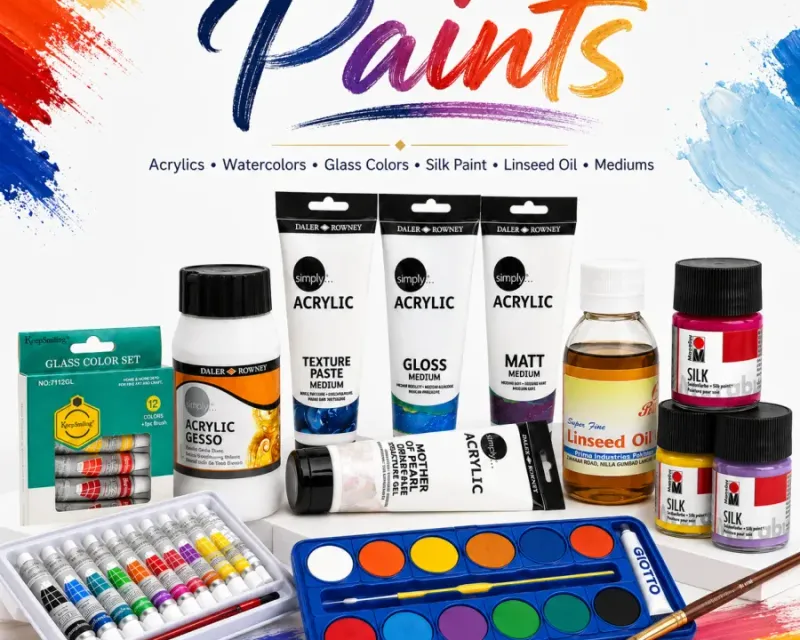 Paints and mediums collection — Mont Marte gessos, gloss mediums and crackle paste, Pentel and Sakura poster colour jars, Daler-Rowney gouache sets, Mungyo and Cretacolor pastel boxes and a bottle of masking fluid