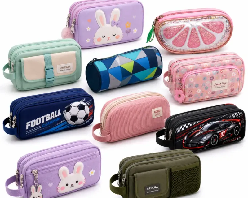 Pencil pouches collection — hard EVA shell cases, a 3D race car case, round barrel cases and quilted fabric pouches