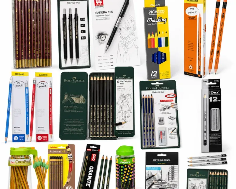 Lead pencils collection — Staedtler, Dollar, Oro and Dux HB pencil packs and 48-piece pencil jars