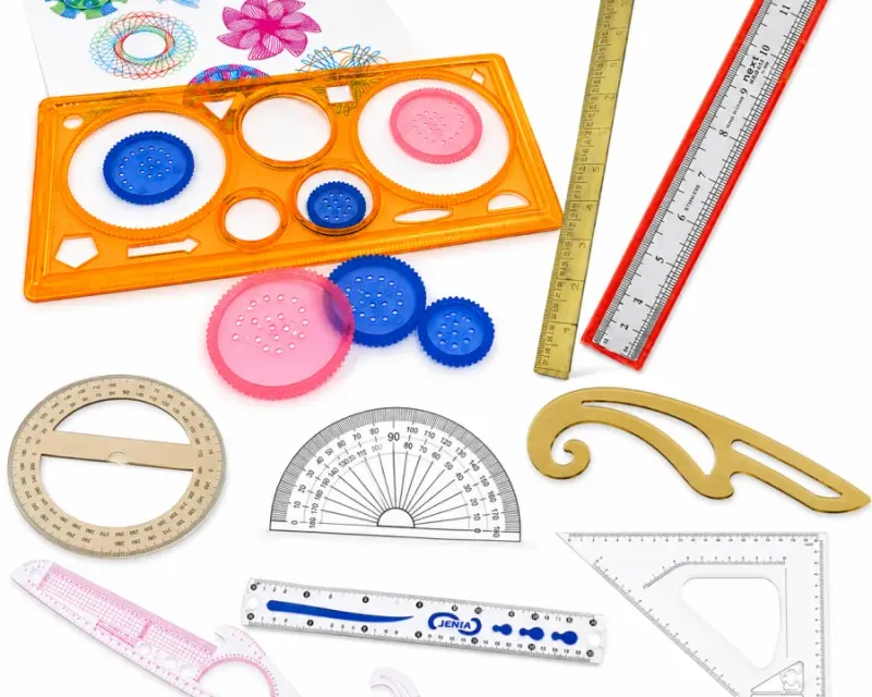 Rulers and scales collection — wooden, steel and plastic rulers, set square, brass patwari scale and curve scales