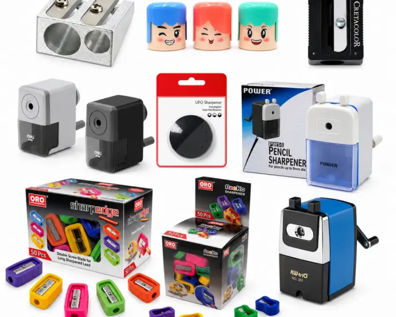 Pencil sharpeners collection — metal two-hole sharpeners, fancy kids designs and rotary sharpener machines