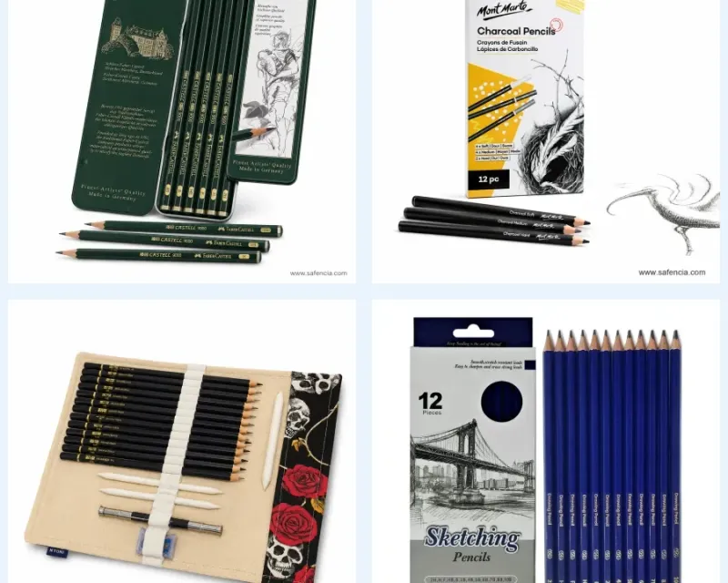 Sketching and drawing pencils collection — Faber-Castell 9000 graphite tin, Mont Marte charcoal pencils and drawing kits