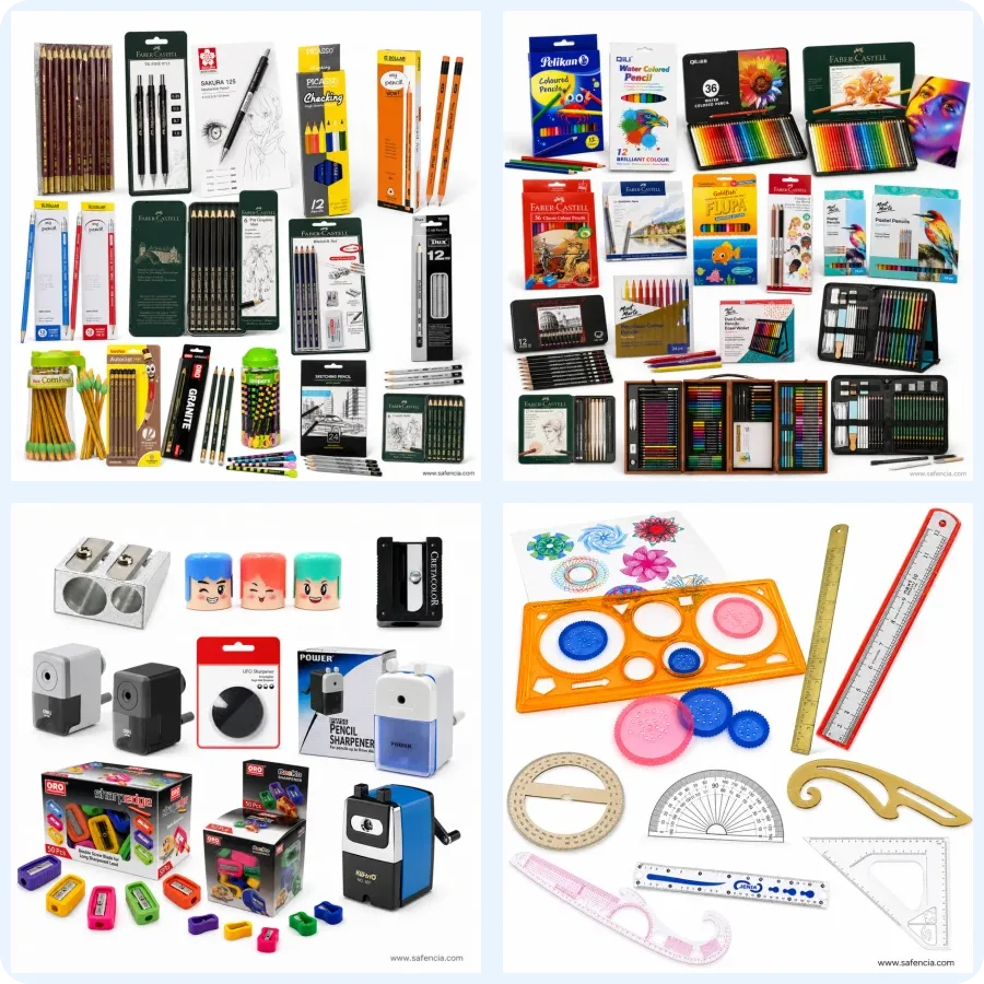 Safencia stationery range in Pakistan — lead pencil packs and jars, colour pencil sets and artist tins, pencil sharpeners and sharpener machines, wooden steel and plastic rulers