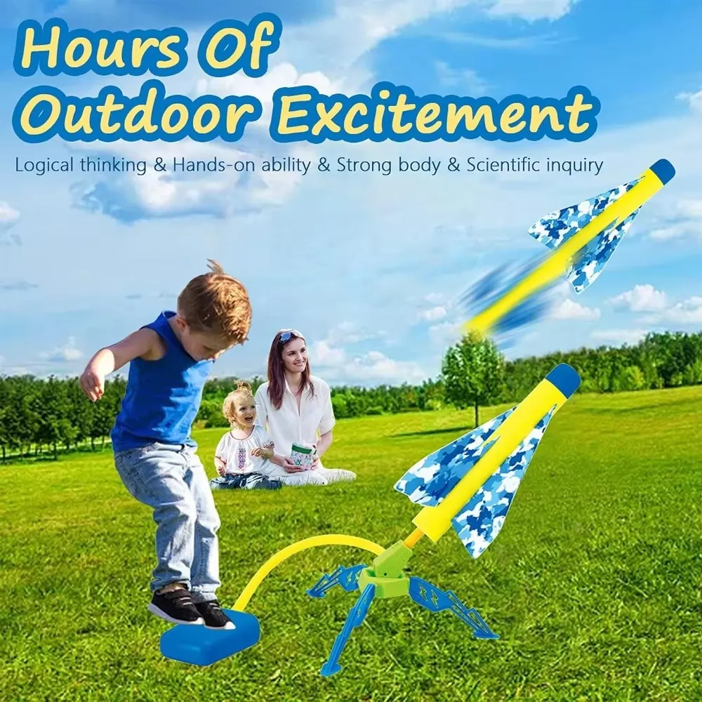 Kids playing stomp rocket launcher outdoors