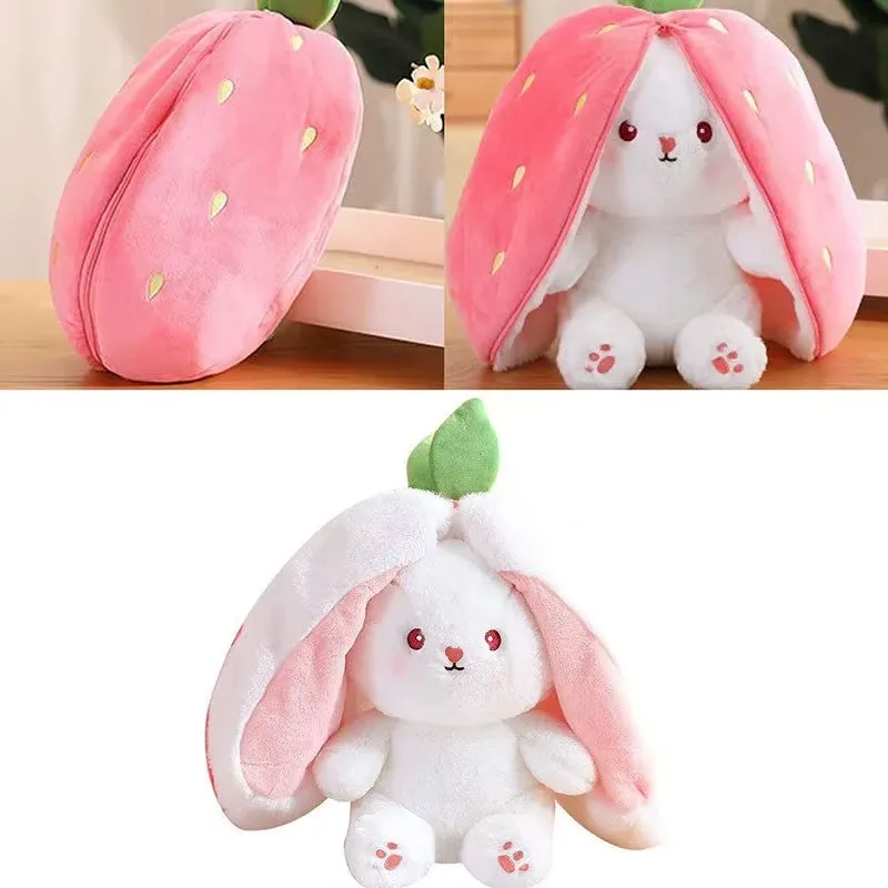 Strawberry Rabbit Plush Toy detail collage with pink hood and white bunny