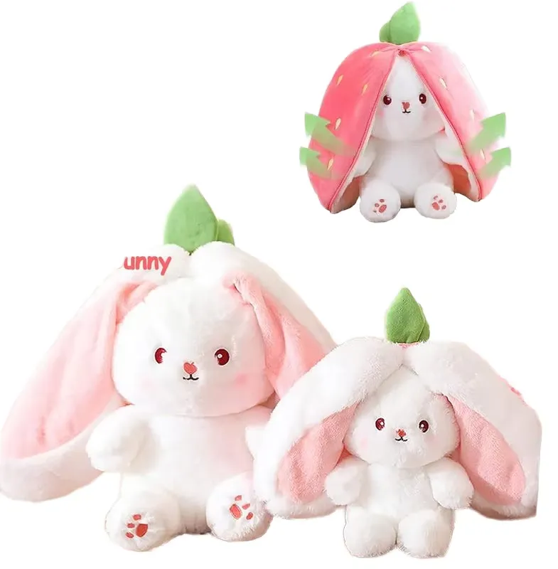 Strawberry Rabbit Plush Toy front view with white bunny and pink strawberry cover