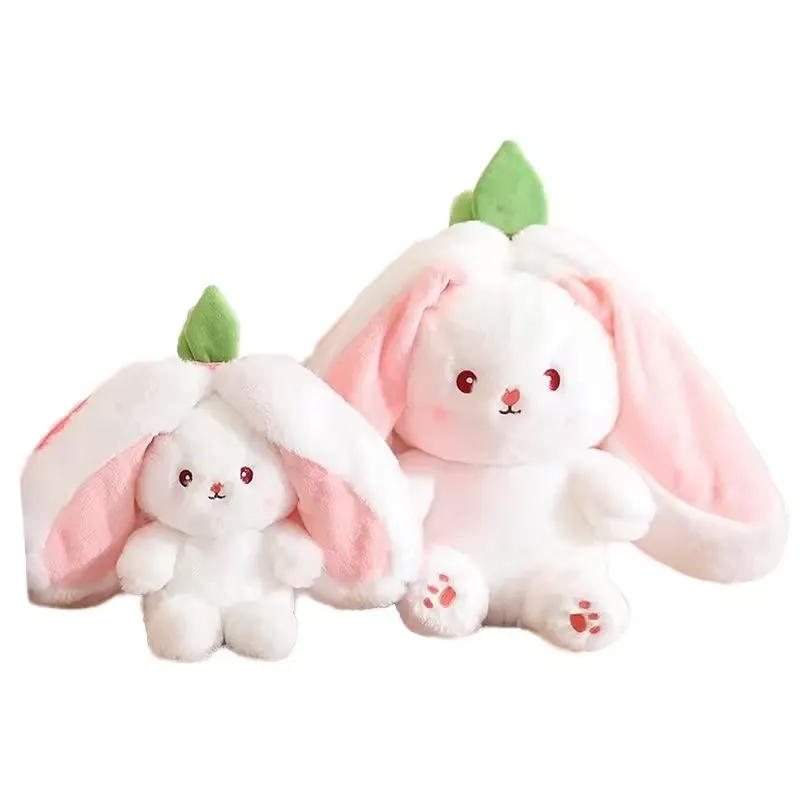 Strawberry Rabbit Plush Toy two bunny views with long ears and green leaf tops