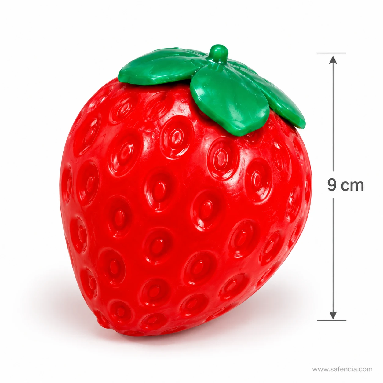 Strawberry squishy with a measuring arrow beside it marking a height of 9 cm