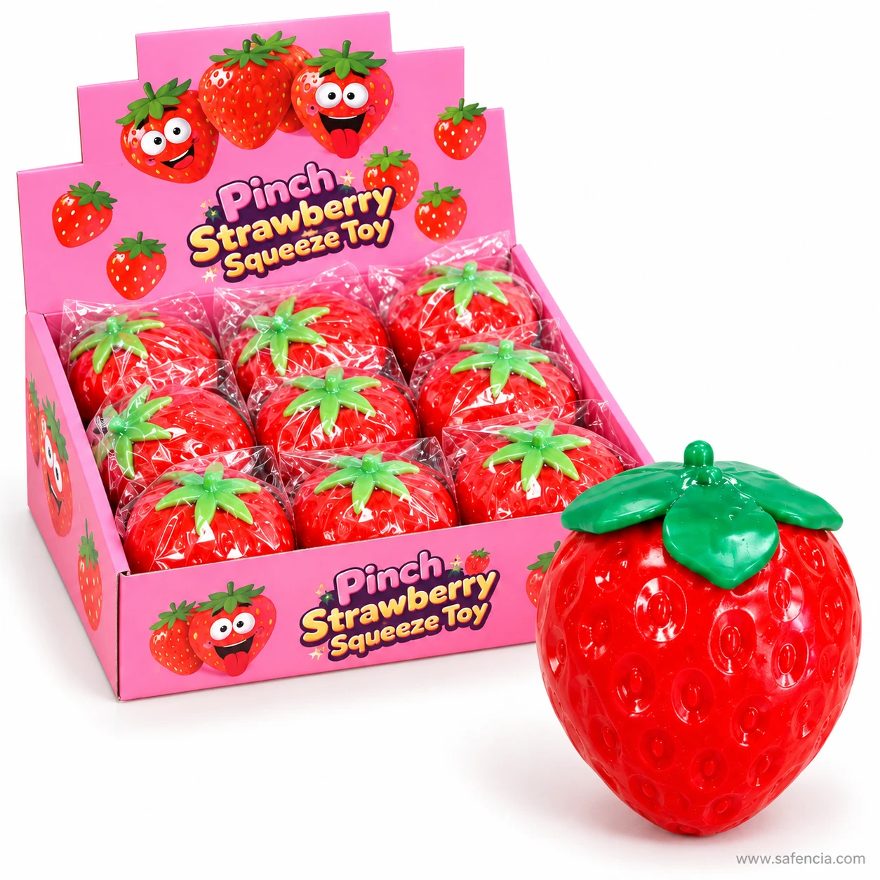 Unwrapped strawberry squishy beside an open pink display box of wrapped strawberries