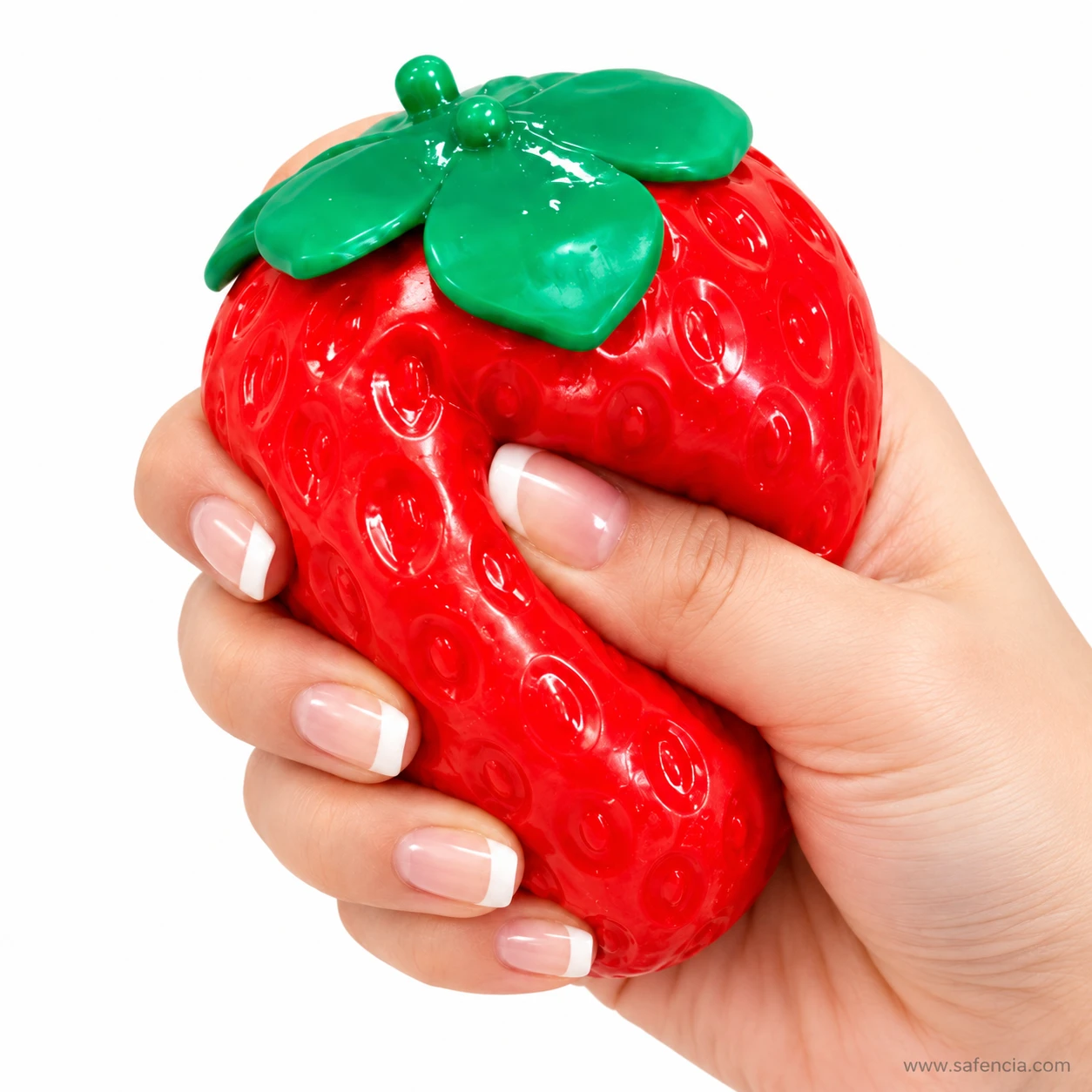 Hand squeezing the strawberry squishy so it folds over on itself between the fingers