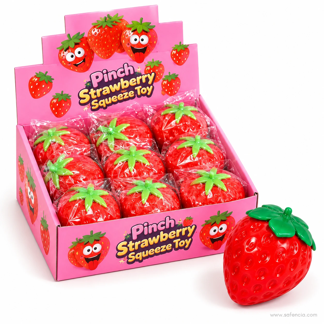 Pink display box of wrapped strawberry squishies with a single strawberry squishy in front