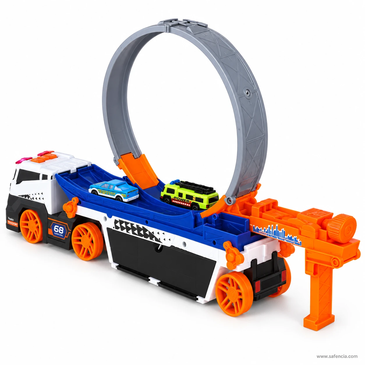 Close view of the orange spring launcher at the rear of the stunt carrier truck beside the mounted loop