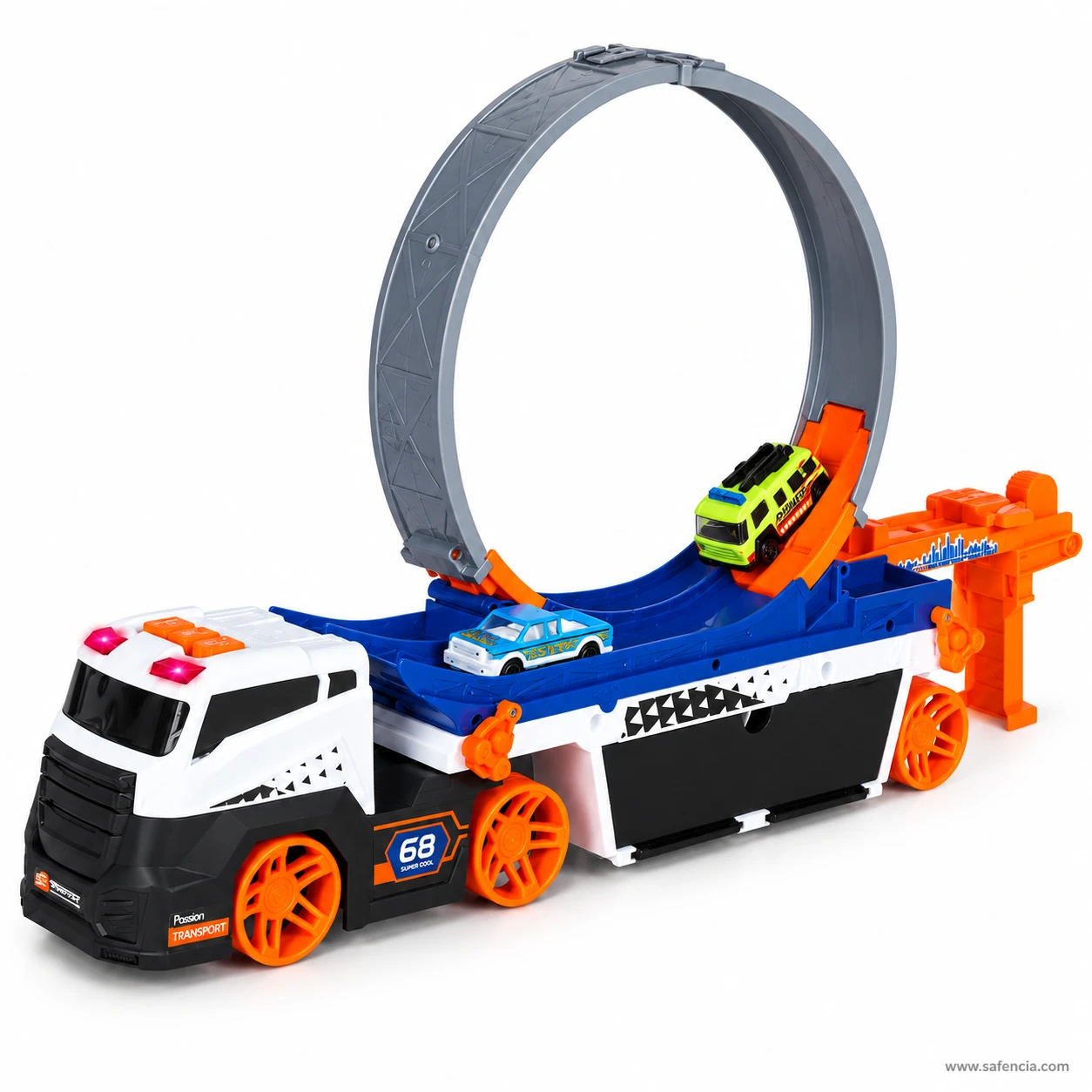 Stunt carrier truck photographed from the front showing the entry point where a launched car meets the loop