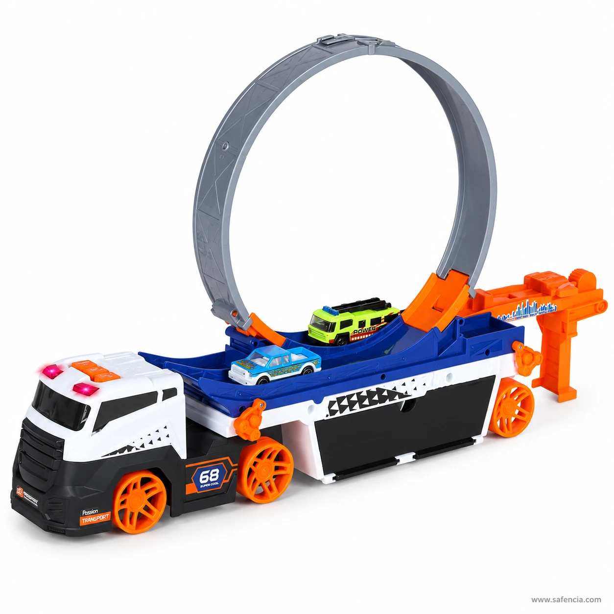Side view of the stunt carrier truck showing the full height of the 360 degree loop above the blue deck