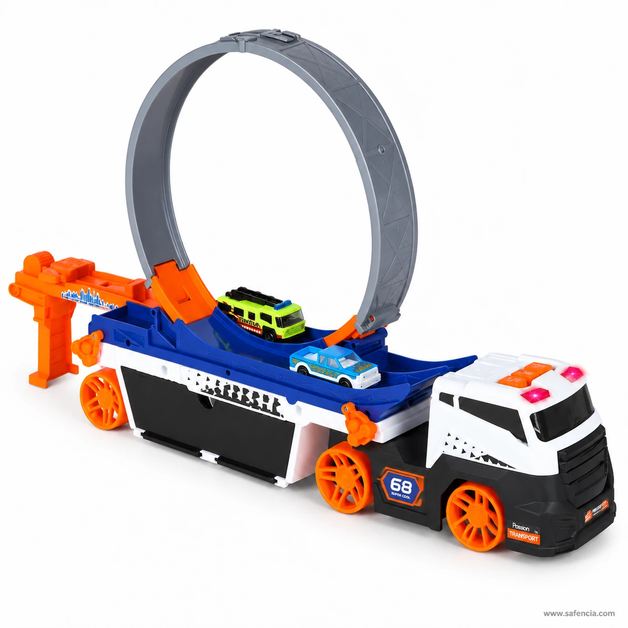 Opposite side of the stunt carrier truck with the loop mounted and the launcher arm extended at the left