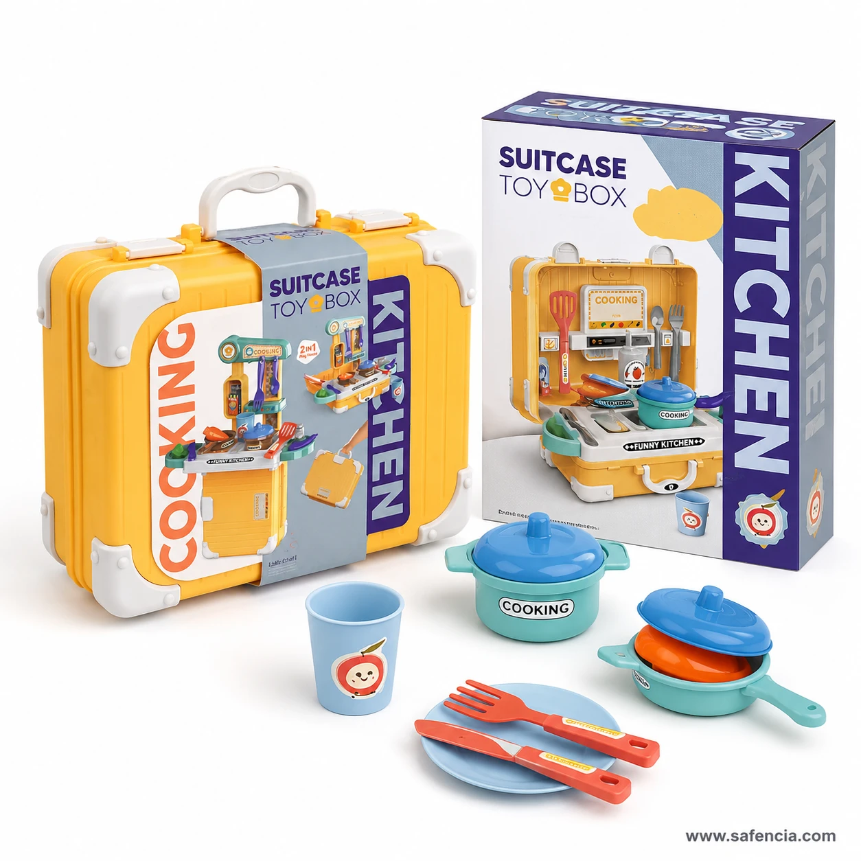 Closed yellow suitcase kitchen with its printed belly band, retail box and the pot, pan, plates and beaker