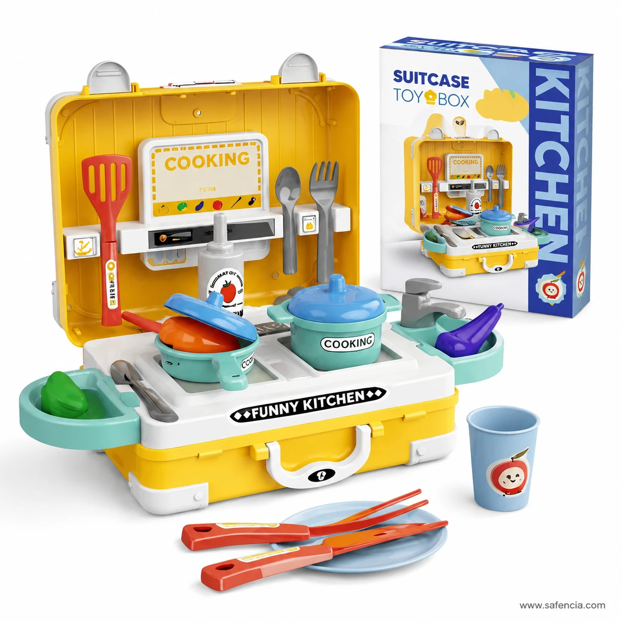 Suitcase kitchen play set opened with the full accessory set including pots, plates, cutlery and pretend vegetables