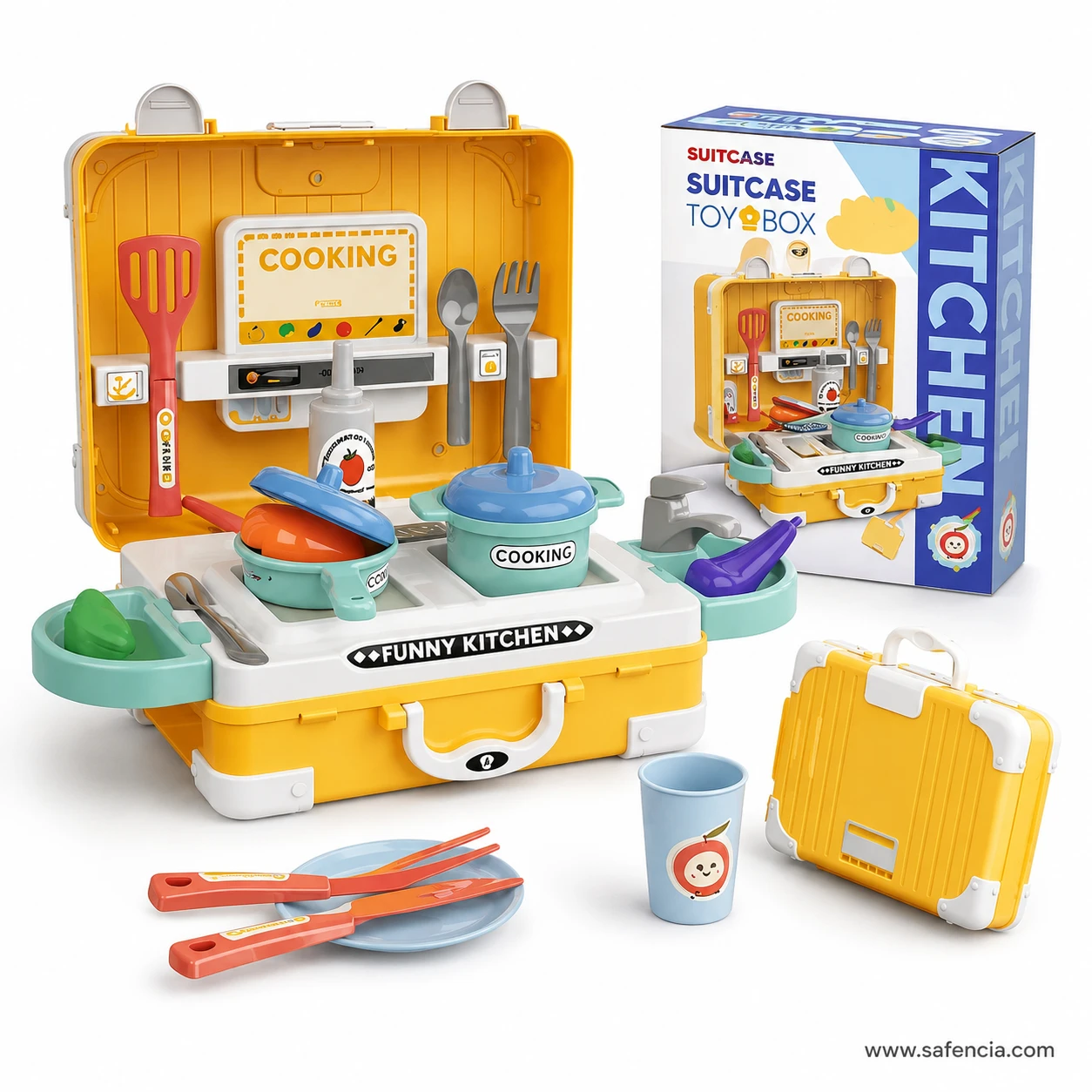 Suitcase kitchen shown both folded open as a worktop and closed as a yellow carry case beside its retail box