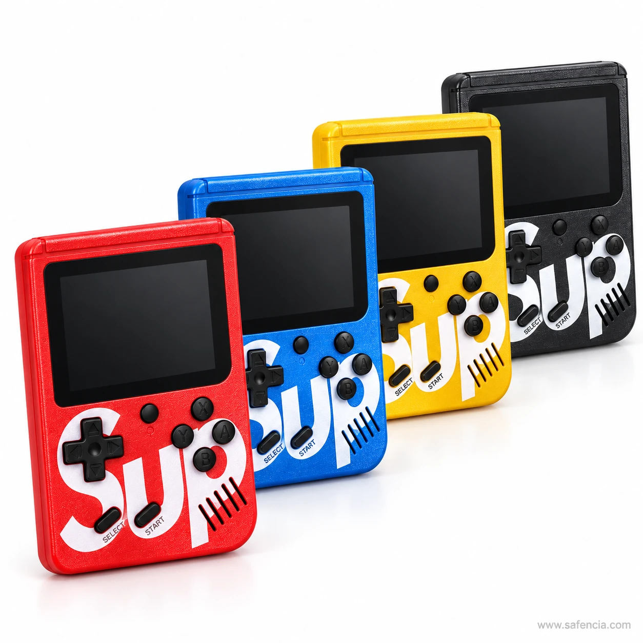 SUP 400 in 1 retro console in red, blue, yellow and black colour options lined up