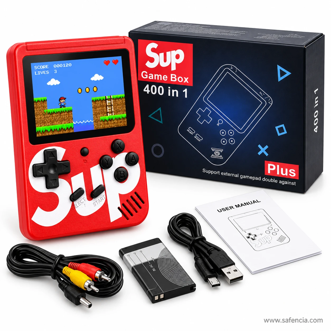 SUP game box 400 in 1 console-only pack with red console, box, AV cable, USB cable, battery and manual