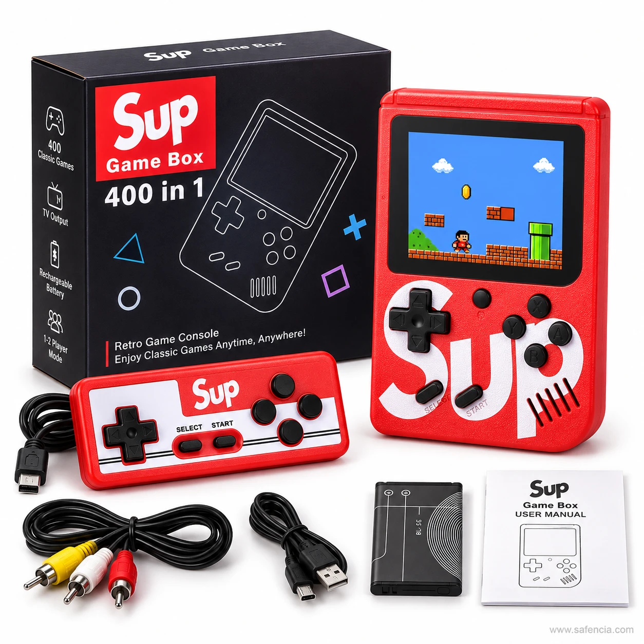 SUP game box 400 in 1 two-player pack with console, second controller, AV cable, battery and manual