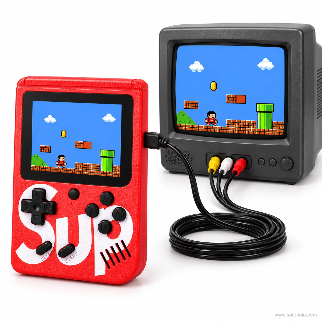 SUP game box console connected to a television with the red white and yellow AV cable