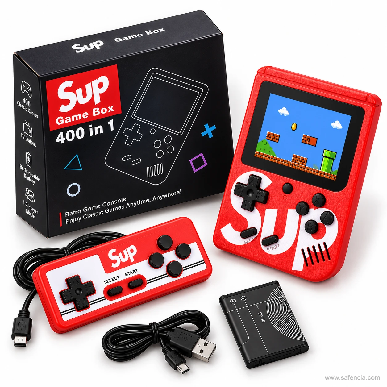 SUP game box console with its wired second controller, USB cable, rechargeable battery and box