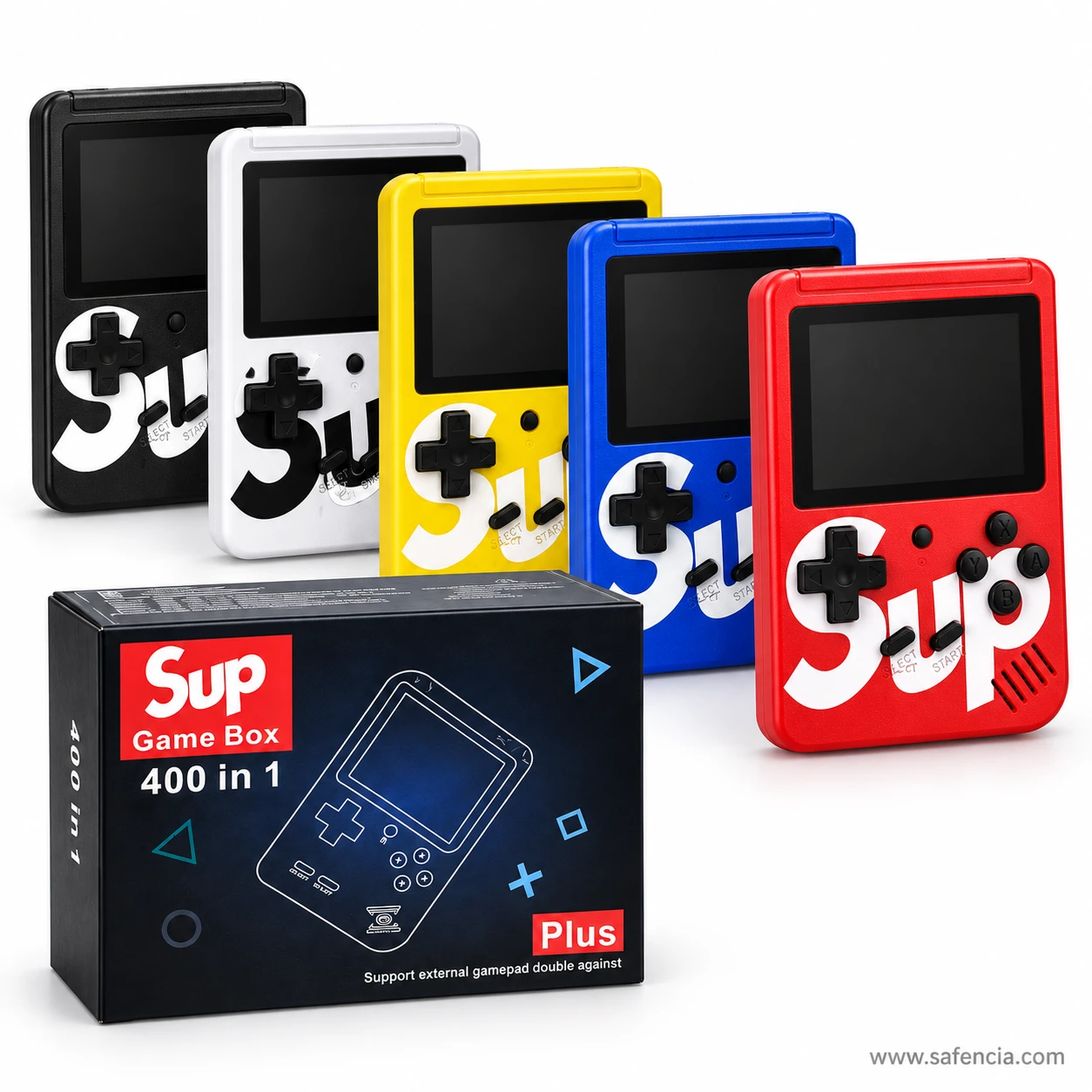 SUP retro game box consoles in black, white, yellow, blue and red with the 400 in 1 box