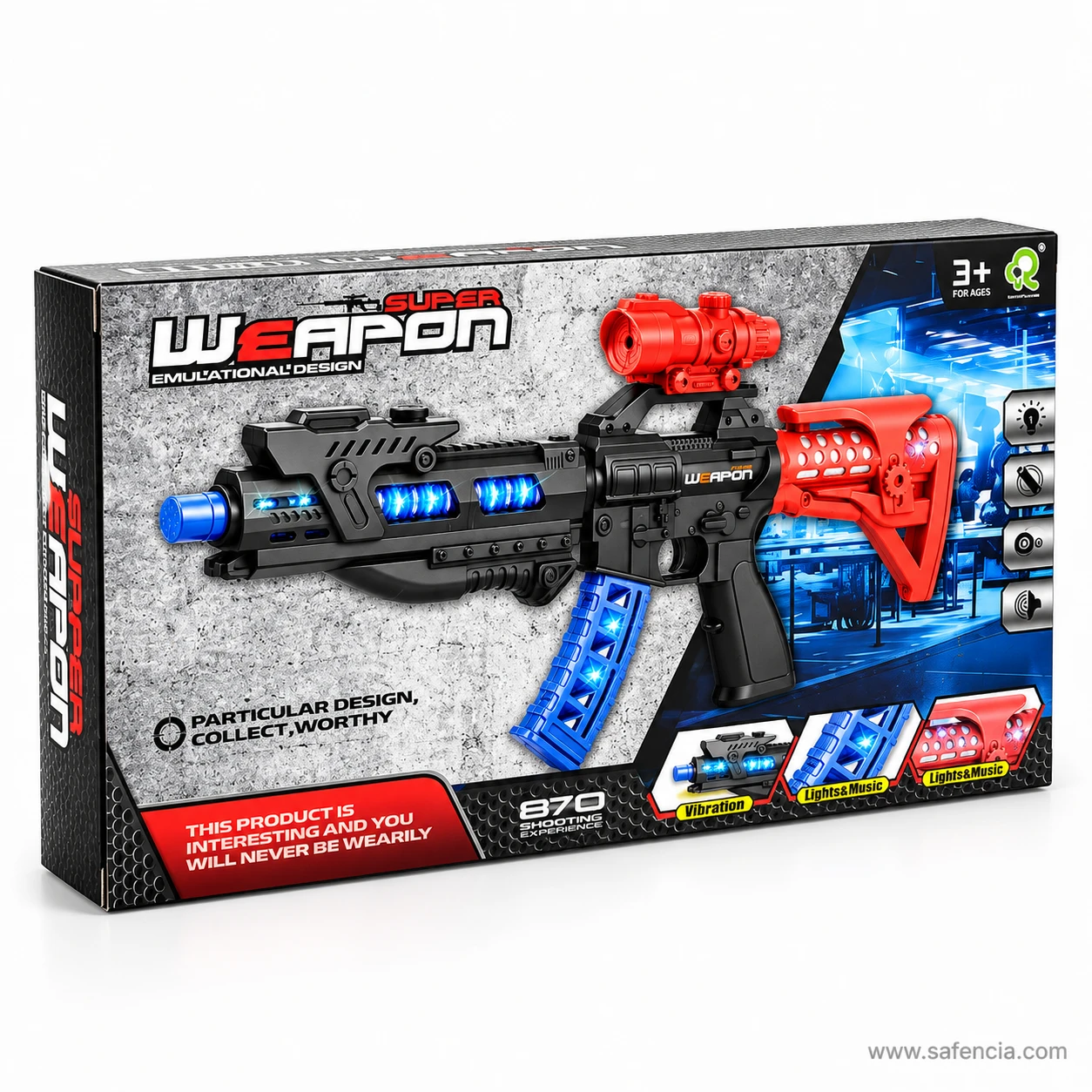 Super Weapon toy gun box showing panels for vibration, lights and music in the magazine and lights and music in the stock