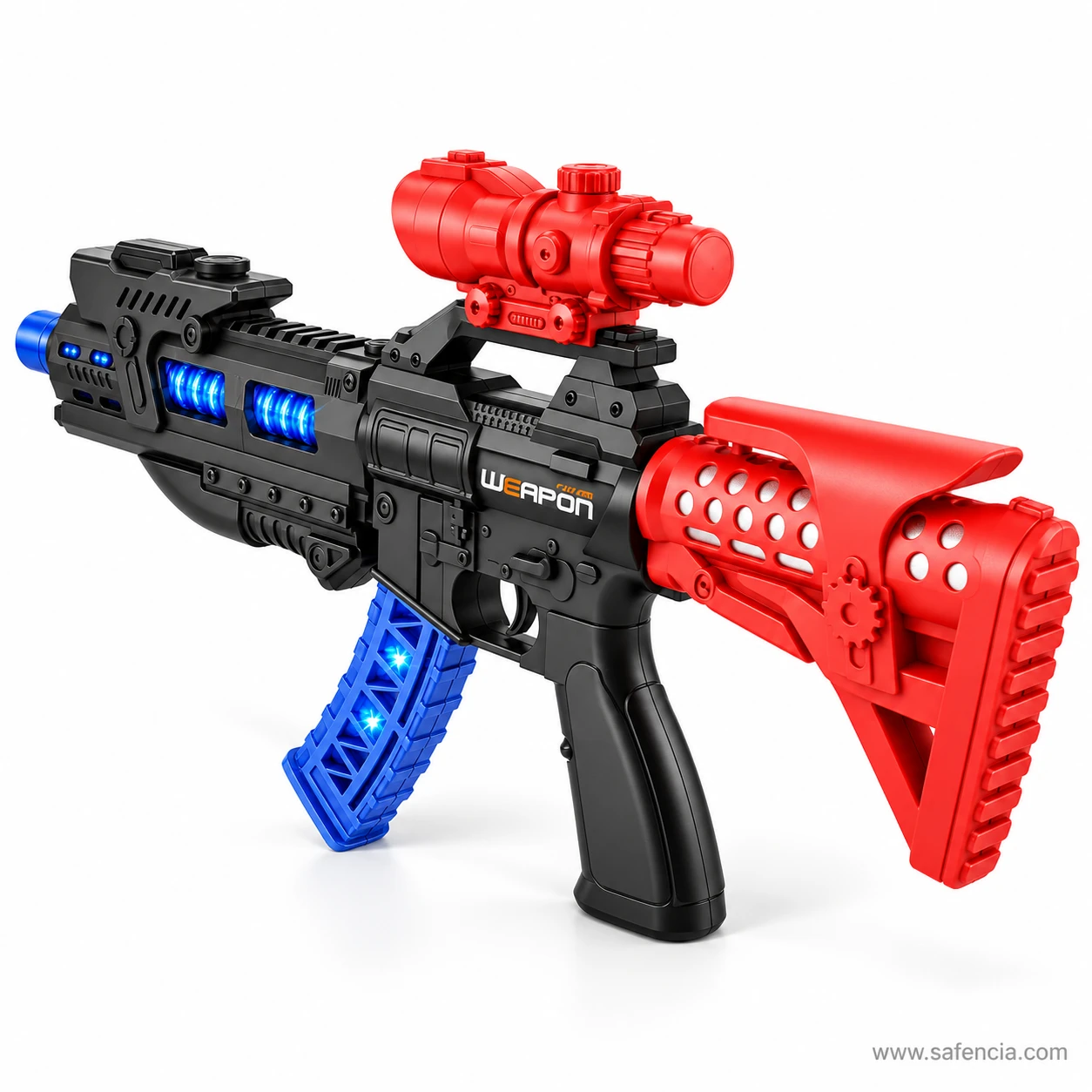 Super Weapon toy gun from the stock end with the red stock lights and blue magazine lights glowing