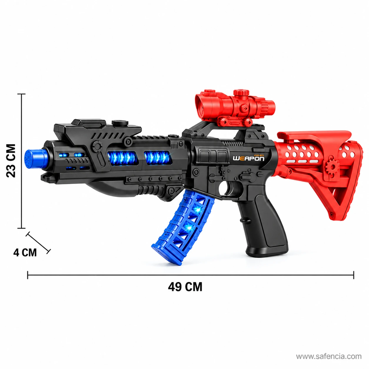 Super Weapon toy gun size guide measuring 49 cm long, 23 cm high and 4 cm thick