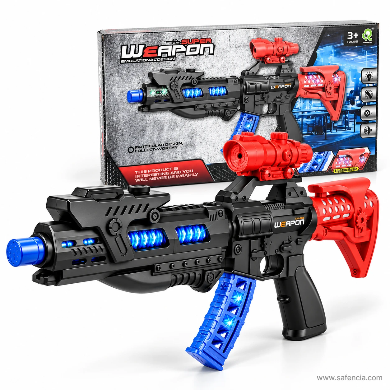 Super Weapon light and sound toy gun in front of its grey box printed Emulational Design and marked 3 and over