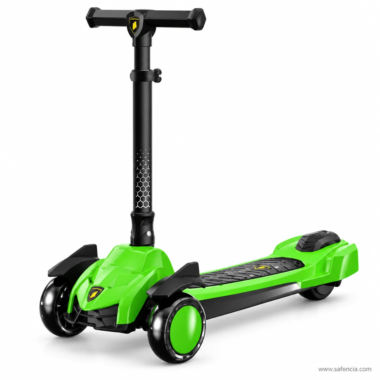 Lime green supercar style kids scooty seen from the front at an angle