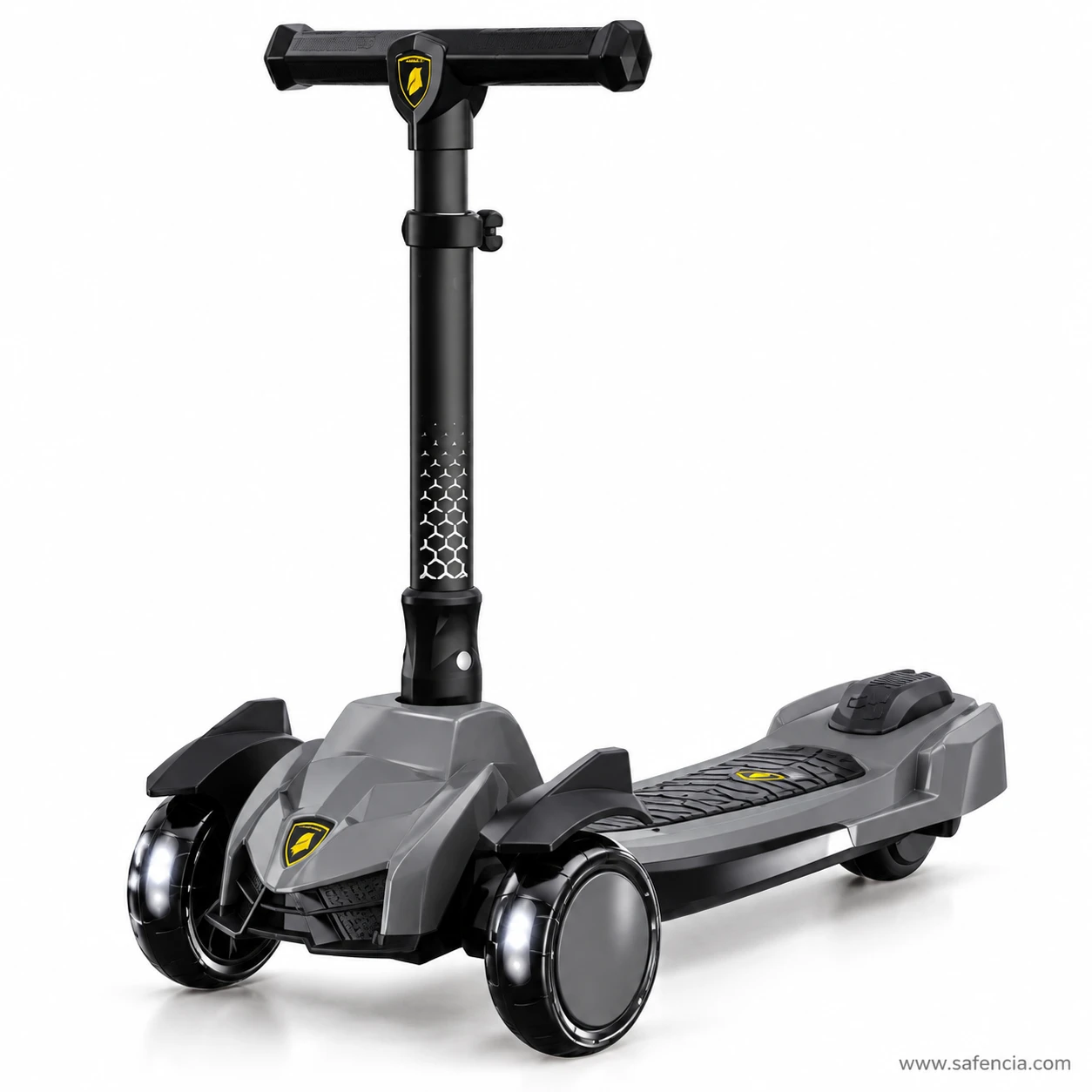Front view of the gunmetal grey supercar style kids scooty with black wing guards and hex stem