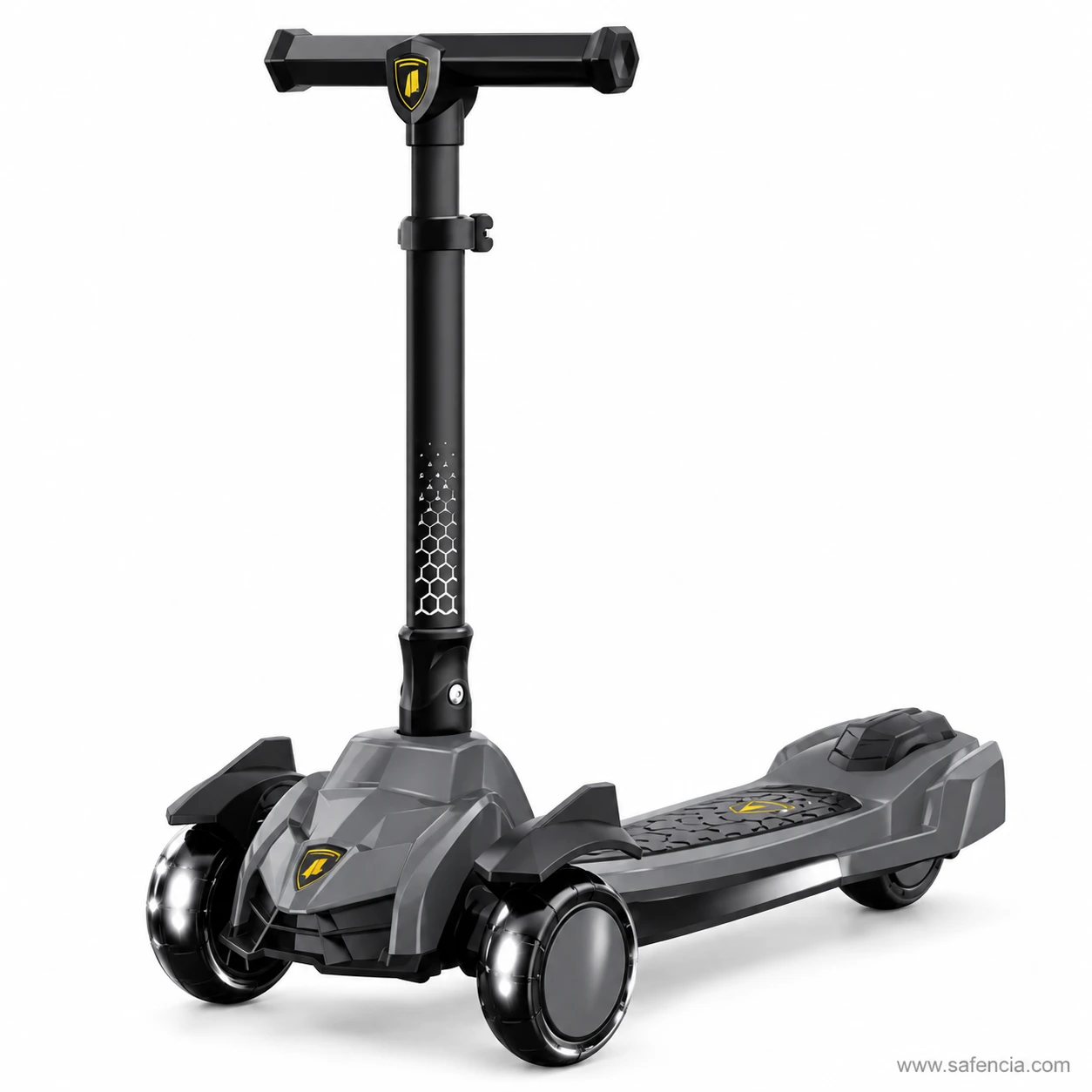 Gunmetal grey supercar style kids scooty with black wing guards and lit wheels