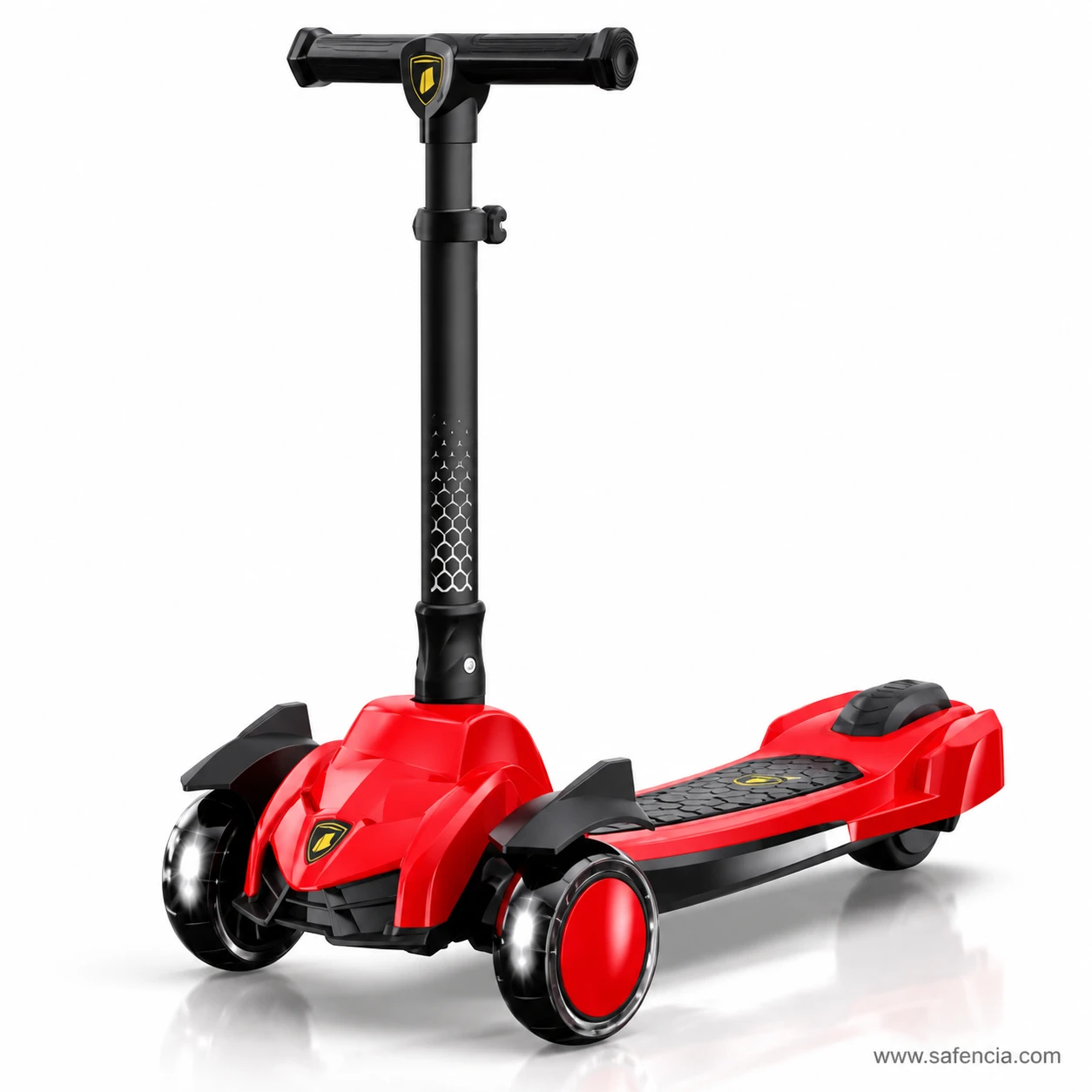 Racing red and black supercar style kids scooty with a shield badge on the nose