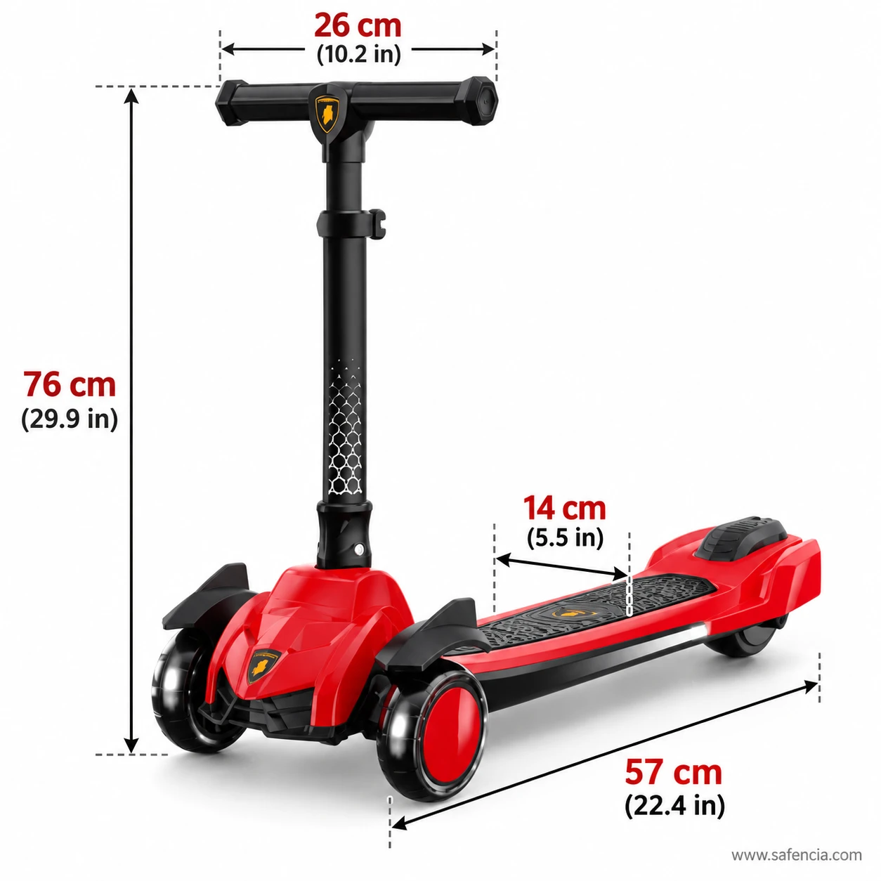 Size chart on the red supercar style kids scooty: 76 cm handle, 26 cm bar, 14 cm deck, 57 cm long