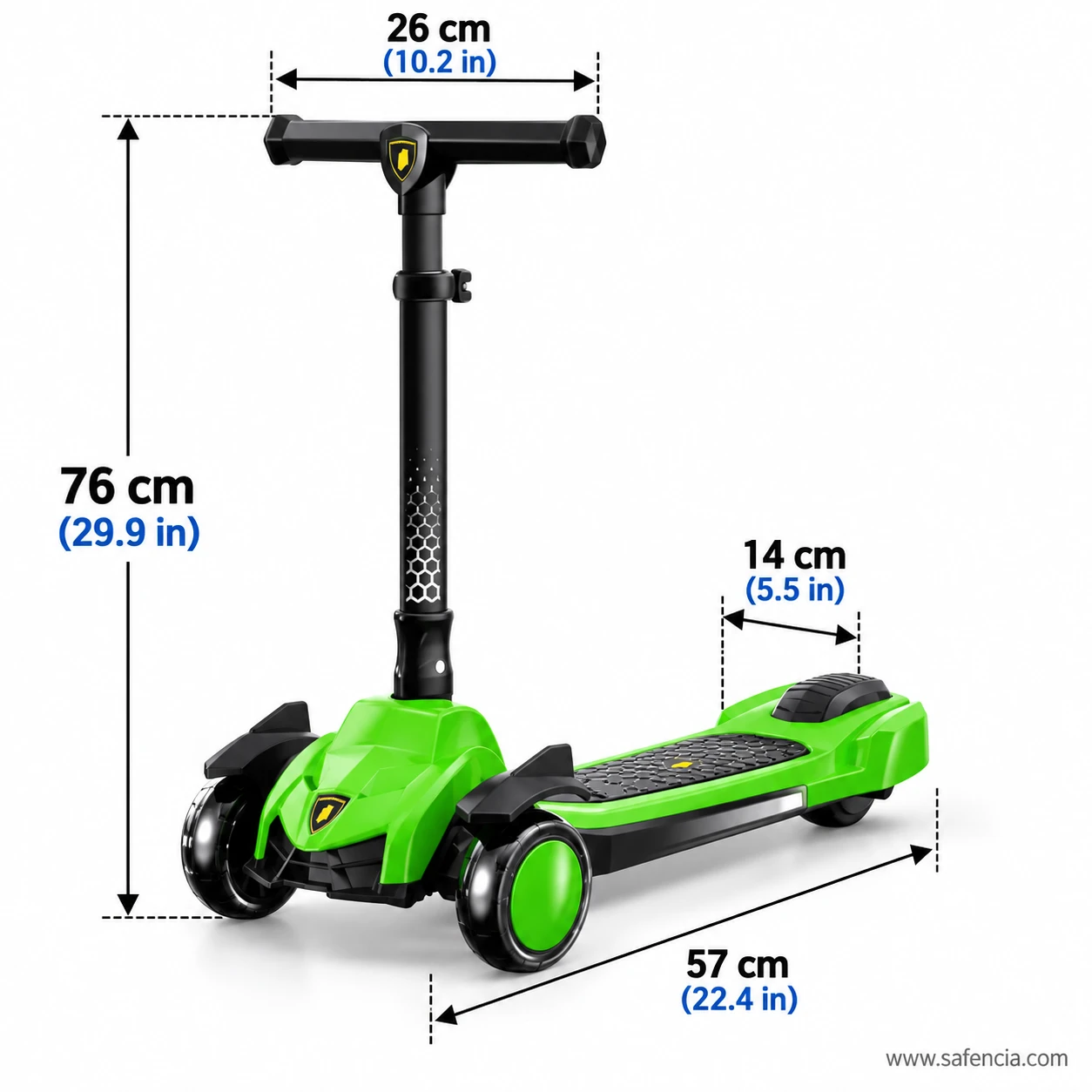 Size chart of the supercar style kids scooty: 76 cm height, 26 cm handlebar, 14 cm deck, 57 cm length
