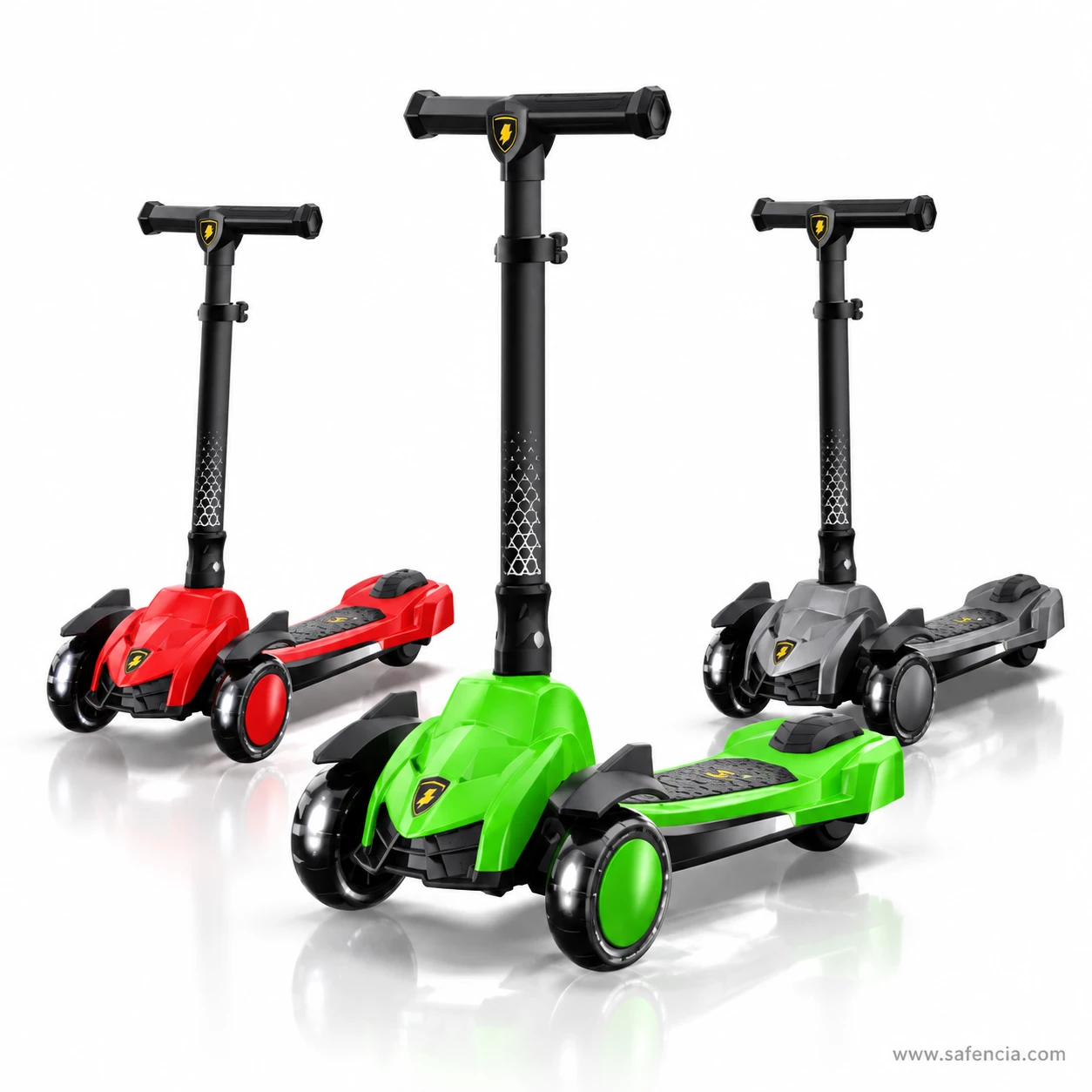 Three supercar style kids scooties side by side in red, lime green and gunmetal grey