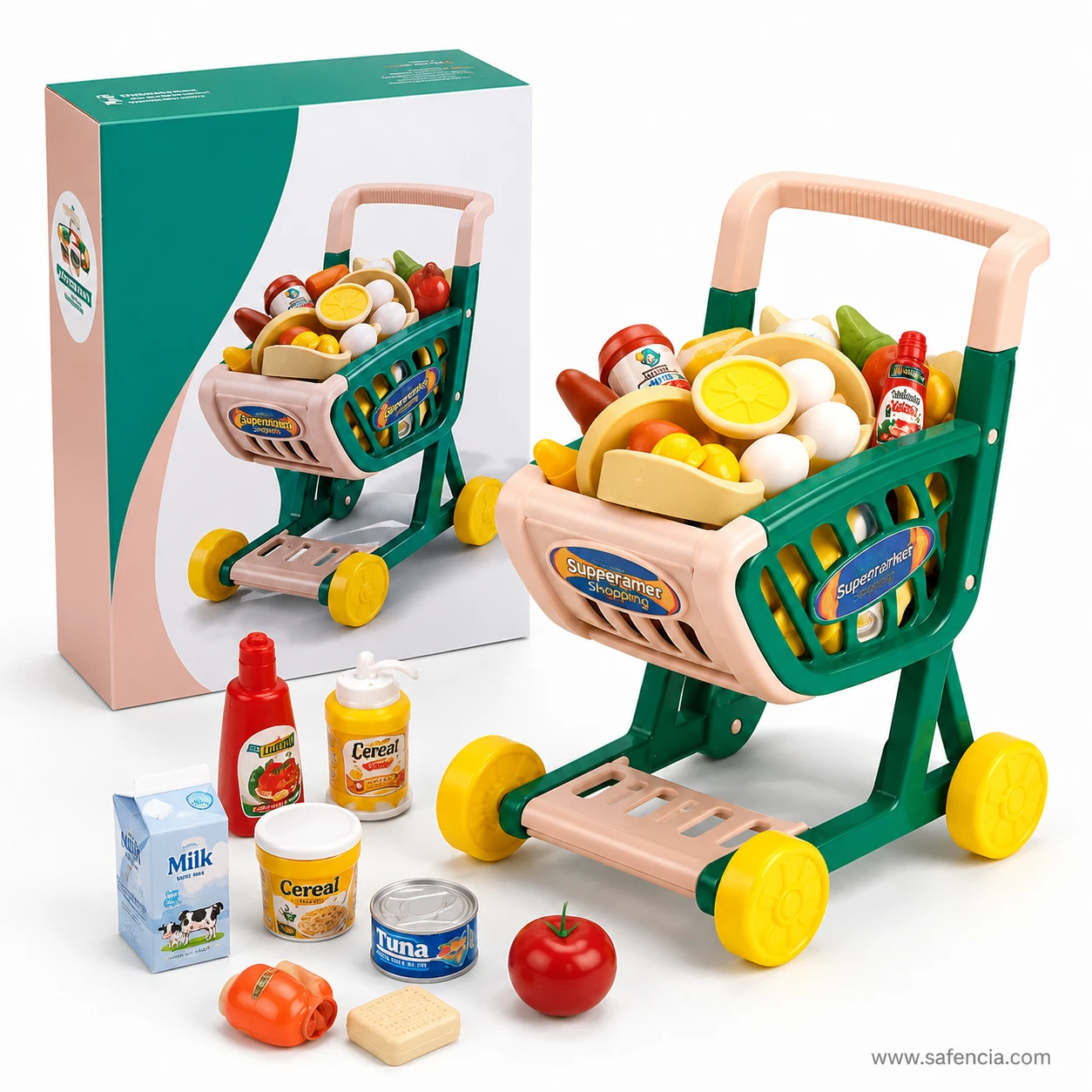 Supermarket trolley shown with the grocery contents laid out including milk carton, tuna tin and sauce bottles