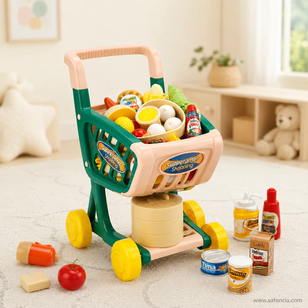 Toy supermarket trolley standing on a rug in a bright playroom with groceries spread on the floor beside it