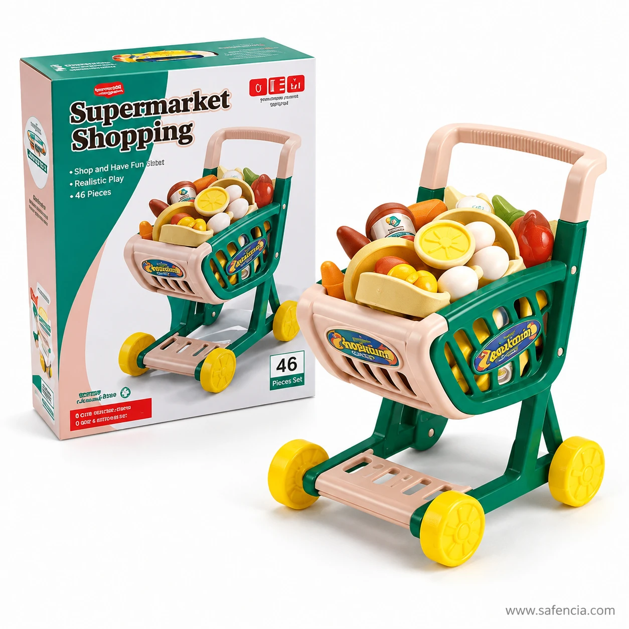 Supermarket trolley toy beside its retail box printed with a 46 Pieces Set badge on the front