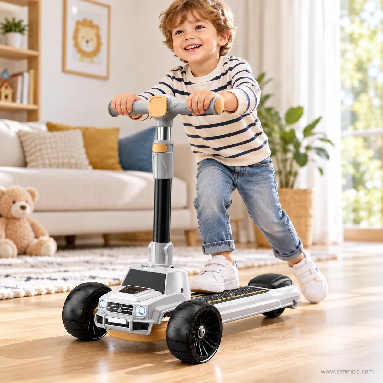 Smiling boy riding the silver SUV style kids scooty indoors