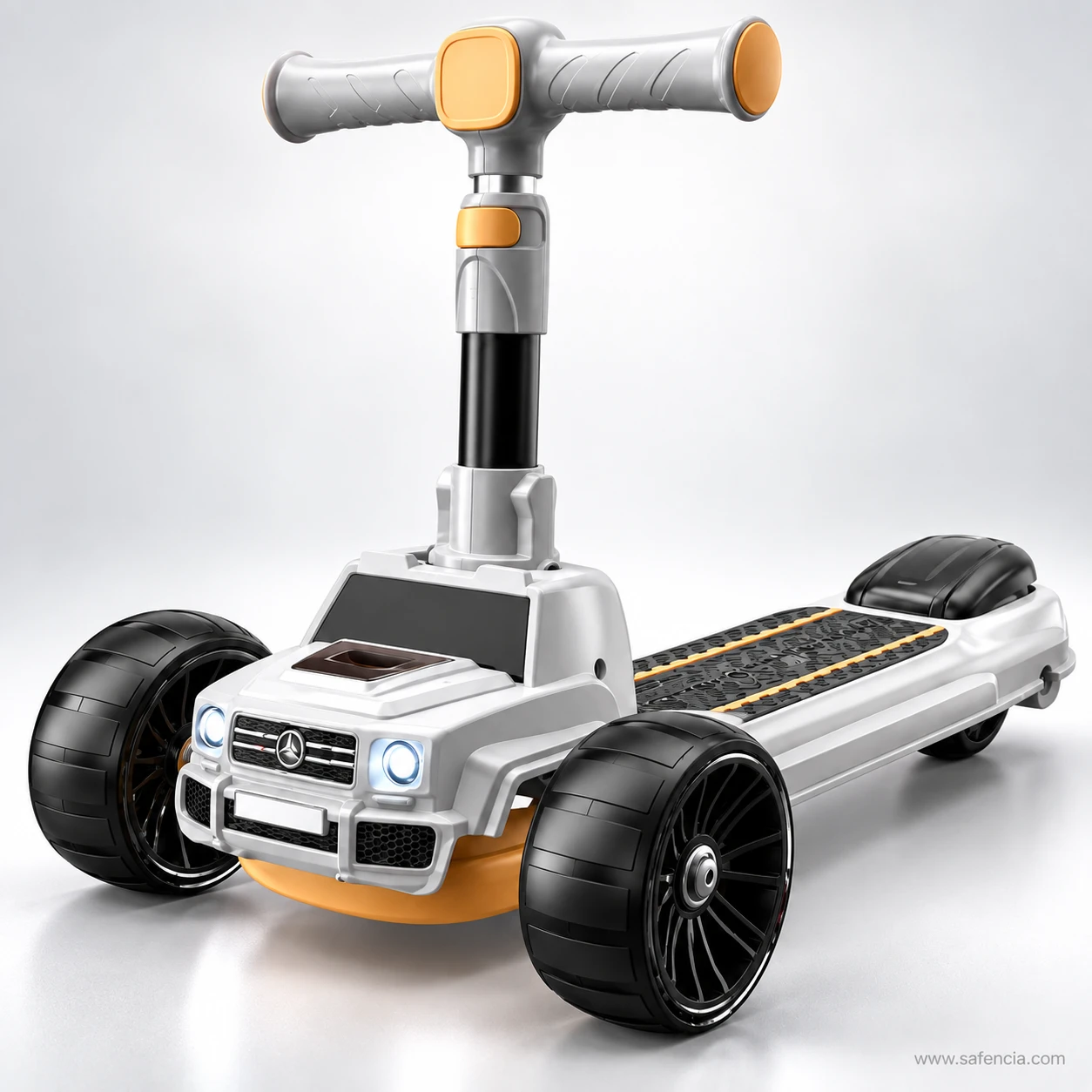 Close front view of the SUV style kids scooty grille, headlights and orange skid plate