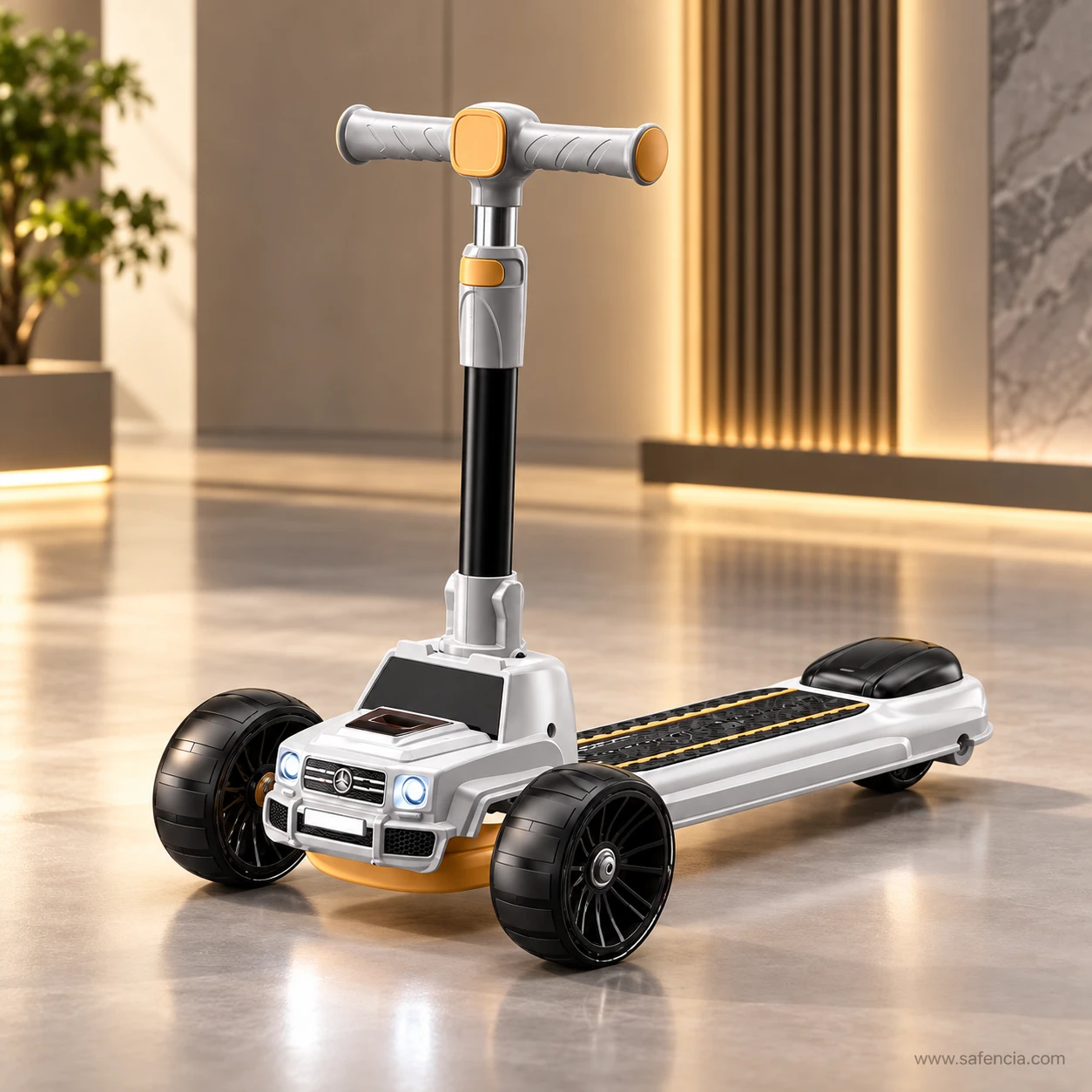 SUV style kids scooty standing in a warm, softly lit hallway