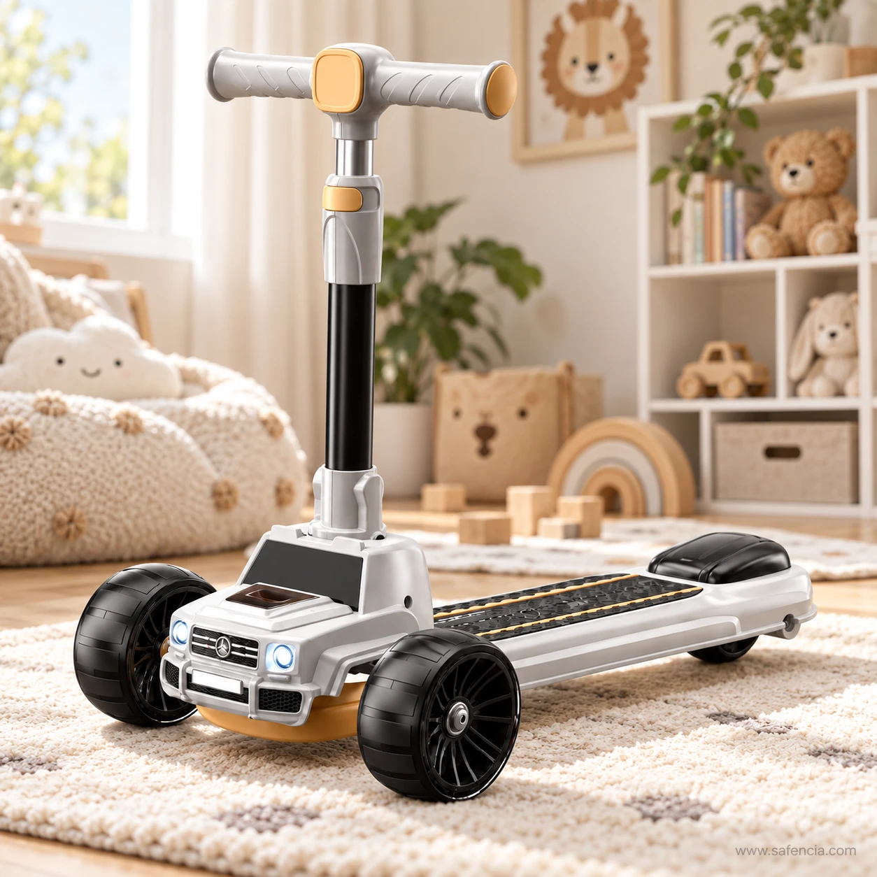SUV style kids scooty on a playroom rug with toys and wooden shelves behind it
