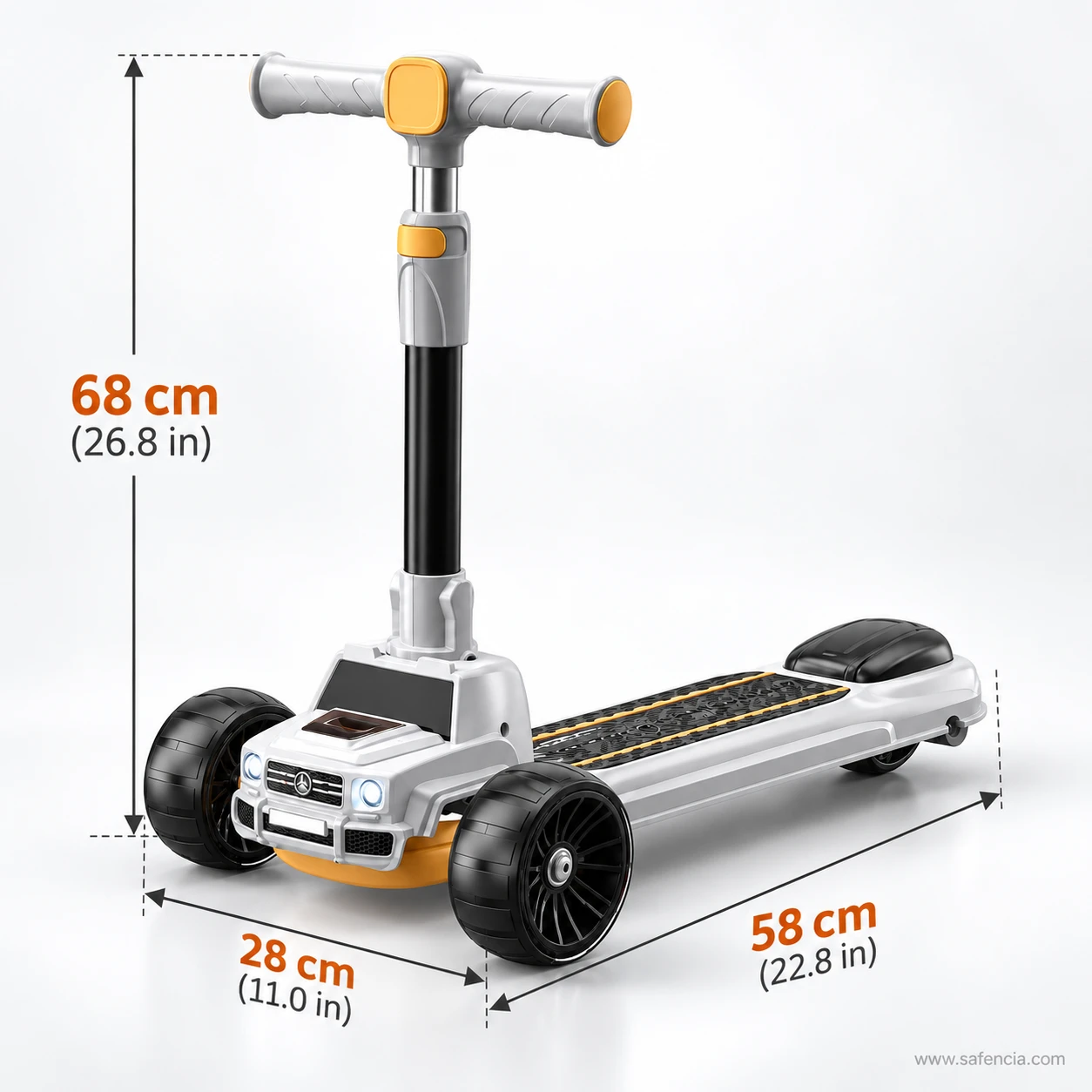 SUV style kids scooty size chart: 68 cm handle, 28 cm across the front wheels, 58 cm long