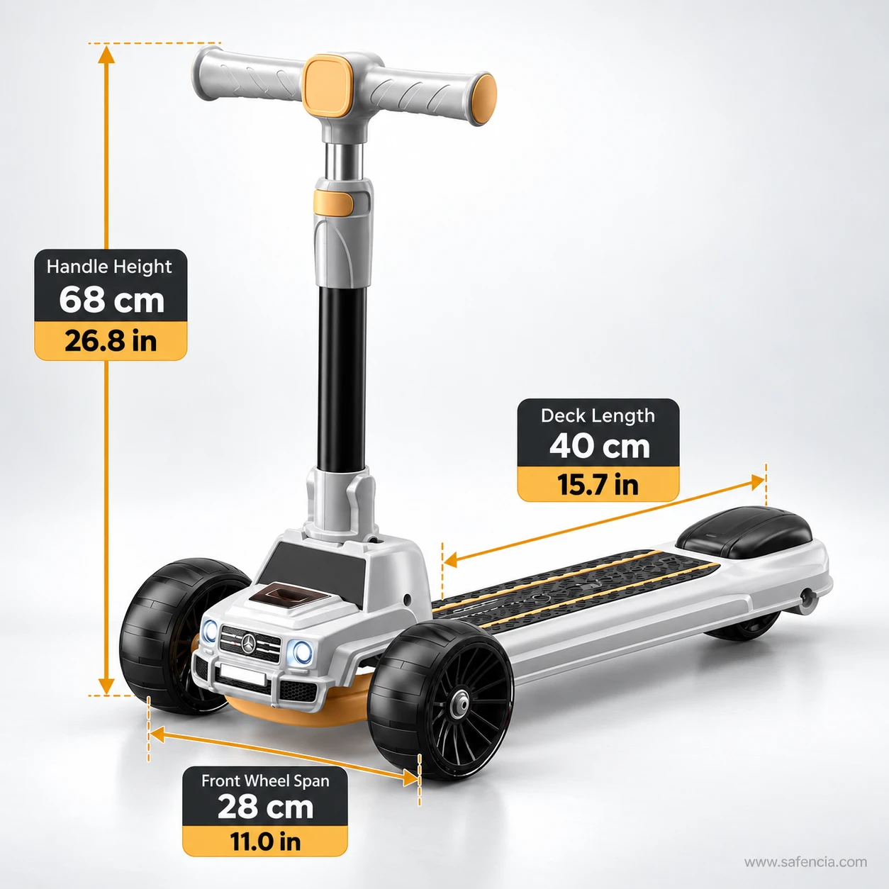 Size chart of the SUV style kids scooty: 68 cm handle height, 40 cm deck and 28 cm front wheel span