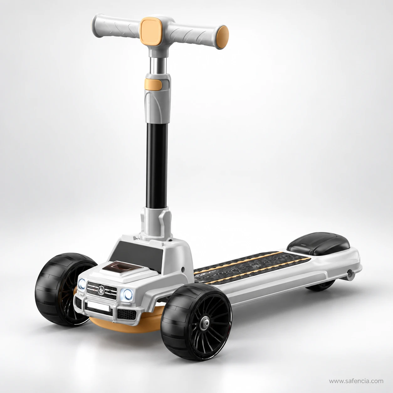 SUV style kids scooty at three-quarter angle with round headlights and orange skid plate